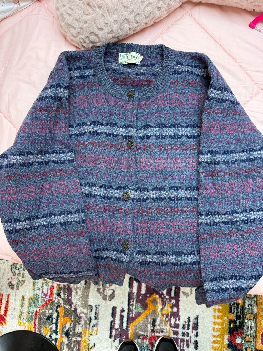 L.L. Bean Purple and Blue Fair Isle Button Cardigan